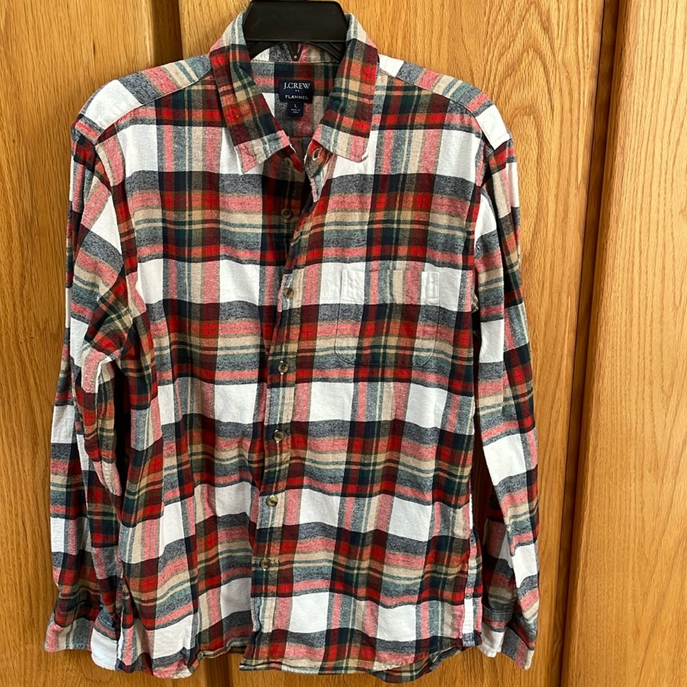J. Crew Classic Flannel Long Sleeve Plaid White Red Green Tan Shirt L